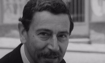 Movie still from “The Cremator” (1969), directed by Juraj Herz – Black and white photograph of a man with a mustache; Close Up shot, High angle