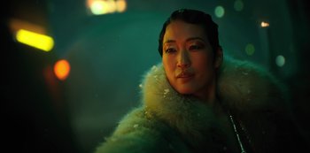 Movie still from “Altered Carbon” (2018), created by Laeta Kalogridis – A person wearing a fur coat; Close Up shot, Low angle