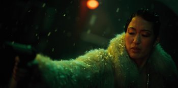 Movie still from “Altered Carbon” (2018), created by Laeta Kalogridis – A woman wearing a fur coat in the snow; Close Up shot, Low angle