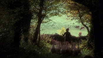 Movie still from “The Duellists” (1977), directed by Ridley Scott – A man standing next to a herd of animals; Wide shot, High angle
