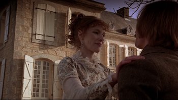 Movie still from “The Duellists” (1977), directed by Ridley Scott – A woman in a white dress holding a man's hand; Medium shot, Over the shoulder angle