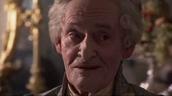 Movie still from “The Duellists” (1977), directed by Ridley Scott – An old man with white hair is looking at the camera; Close Up shot, Low angle