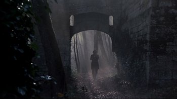 Movie still from “The Duellists” (1977), directed by Ridley Scott – A person is walking through a tunnel in the woods; Extreme Wide shot, Low angle
