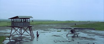 Movie still from “The Eagle Has Landed” (1976), directed by John Sturges – A man and a dog are standing in a flooded area; Extreme Wide shot, Low angle