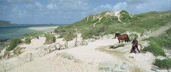 Movie still from “The Eagle Has Landed” (1976), directed by John Sturges – A horse running on the sand near a beach; Extreme Wide shot, High angle