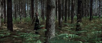 Movie still from “The Eagle Has Landed” (1976), directed by John Sturges – A man standing in the middle of a forest; Wide shot, High angle