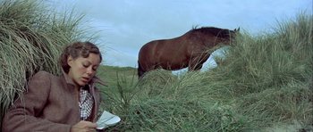 Movie still from “The Eagle Has Landed” (1976), directed by John Sturges – A horse standing next to a person in a field; Medium shot, Low angle