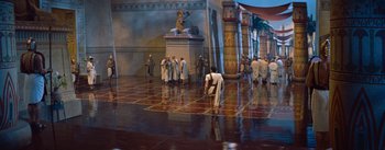 Movie still from “The Egyptian” (1954), directed by Michael Curtiz – A group of people in ancient egyptian clothing; Extreme Wide shot, High angle