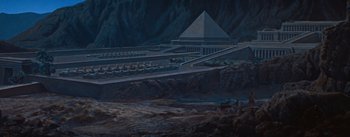 Movie still from “The Egyptian” (1954), directed by Michael Curtiz – An oil painting of an egyptian temple in the middle of the night; Extreme Wide shot, High angle