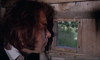 Movie still from “The Enigma of Kaspar Hauser” (1974), directed by Werner Herzog – A man looking out of a window in a wooden house; Close Up shot, Low angle