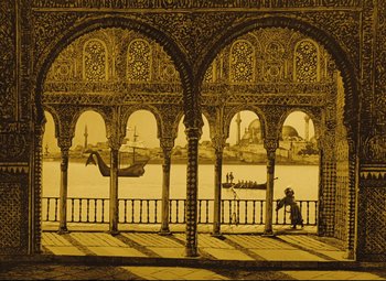 Movie still from “The Fabulous Baron Munchausen” (1962), directed by Karel Zeman – A painting of a man sitting on a bench in front of a lake; Extreme Wide shot, Low angle