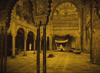 Movie still from “The Fabulous Baron Munchausen” (1962), directed by Karel Zeman – An image of an old building with a lot of people in it; Extreme Wide shot, High angle
