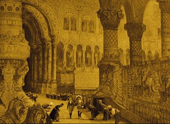 Movie still from “The Fabulous Baron Munchausen” (1962), directed by Karel Zeman – An old drawing of people walking in an old building; Extreme Wide shot, High angle