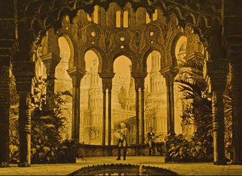 Movie still from “The Fabulous Baron Munchausen” (1962), directed by Karel Zeman – An image of an old picture of a man standing in front of an arch; Extreme Wide shot, High angle