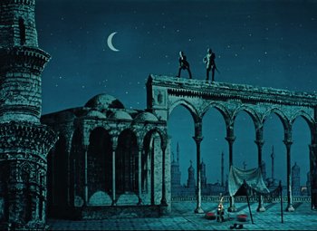 Movie still from “The Fabulous Baron Munchausen” (1962), directed by Karel Zeman – A painting of an old castle at night with the moon in the background; Extreme Wide shot, Low angle