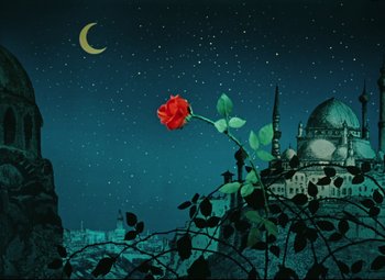 Movie still from “The Fabulous Baron Munchausen” (1962), directed by Karel Zeman – A painting of a red rose in front of a mosque; Extreme Wide shot, Low angle