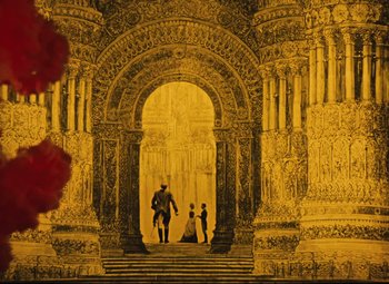 Movie still from “The Fabulous Baron Munchausen” (1962), directed by Karel Zeman – An image of a man and two women standing in front of an archway; Extreme Wide shot, Low angle