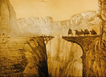 Movie still from “The Fabulous Baron Munchausen” (1962), directed by Karel Zeman – A painting of a man on a horse drawn carriage crossing a bridge over a canyon; Extreme Wide shot, Low angle
