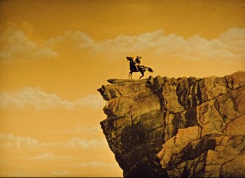 Movie still from “The Fabulous Baron Munchausen” (1962), directed by Karel Zeman – A painting of a man on a horse on top of a cliff; Extreme Wide shot, Low angle