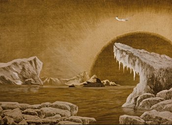 Movie still from “The Fabulous Baron Munchausen” (1962), directed by Karel Zeman – A painting of an ice cave with a bird flying over it; Extreme Wide shot, High angle