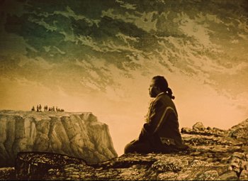 Movie still from “The Fabulous Baron Munchausen” (1962), directed by Karel Zeman – A person sitting on top of a cliff looking out at the sky; Wide shot, Low angle