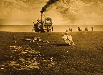 Movie still from “The Fabulous Baron Munchausen” (1962), directed by Karel Zeman – An old photo of a boat on the beach; Extreme Wide shot, Low angle