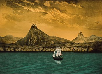 Movie still from “The Fabulous Baron Munchausen” (1962), directed by Karel Zeman – A painting of a boat in the middle of the ocean; Extreme Wide shot, High angle