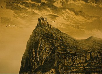 Movie still from “The Fabulous Baron Munchausen” (1962), directed by Karel Zeman – A castle on top of a mountain under a cloudy sky; Extreme Wide shot, Low angle