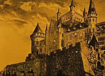 Movie still from “The Fabulous Baron Munchausen” (1962), directed by Karel Zeman – An artistic picture of an old castle; Extreme Wide shot, Low angle