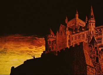 Movie still from “The Fabulous Baron Munchausen” (1962), directed by Karel Zeman – A painting of a castle on top of a hill; Extreme Wide shot, Low angle