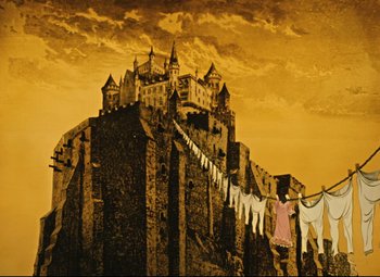 Movie still from “The Fabulous Baron Munchausen” (1962), directed by Karel Zeman – A painting of a woman hanging clothes on a clothesline; Wide shot, Low angle