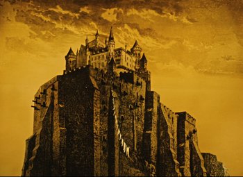Movie still from “The Fabulous Baron Munchausen” (1962), directed by Karel Zeman – An old castle is shown against a cloudy sky; Extreme Wide shot, Low angle