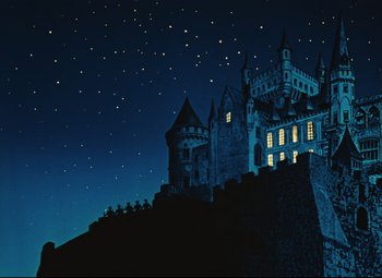 Movie still from “The Fabulous Baron Munchausen” (1962), directed by Karel Zeman – A night scene of a castle in the dark; Extreme Wide shot, Low angle