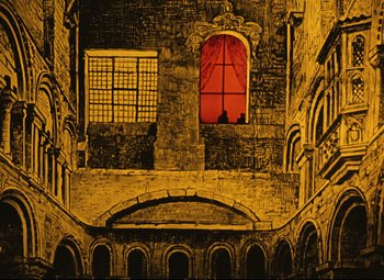 Movie still from “The Fabulous Baron Munchausen” (1962), directed by Karel Zeman – An artistic drawing of a building with a red window; Extreme Wide shot, Low angle