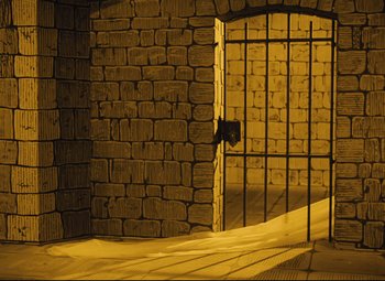 Movie still from “The Fabulous Baron Munchausen” (1962), directed by Karel Zeman – An open door leading to a room with a brick wall and wooden floor; Extreme Wide shot, High angle