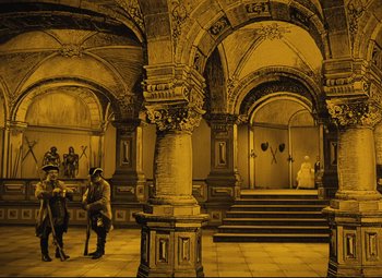 Movie still from “The Fabulous Baron Munchausen” (1962), directed by Karel Zeman – A group of people standing in a room with arches; Extreme Wide shot, High angle