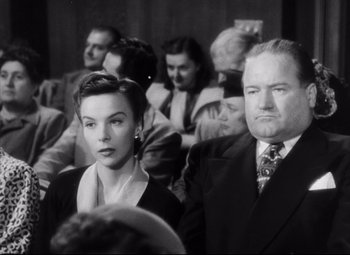 Movie still from “The File on Thelma Jordon” (1949), directed by Robert Siodmak – A man and a woman are sitting in a crowd; Medium shot, High angle