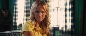 Movie still from “The Final Girls” (2015), directed by Todd Strauss-Schulson – A woman with blonde hair wearing a yellow shirt; Close Up shot, Over the shoulder angle