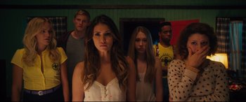 Movie still from “The Final Girls” (2015), directed by Todd Strauss-Schulson – A group of young people standing in a room together; Medium shot, Low angle