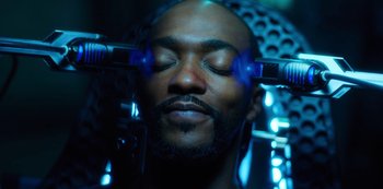 Movie still from “Altered Carbon” (2018), created by Laeta Kalogridis – A person with eyes closed; Close Up shot, Overhead angle