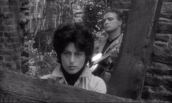 Movie still from “The Fugitive Kind” (1960), directed by Sidney Lumet – A man and a woman standing next to each other in the woods; Medium shot, Low angle