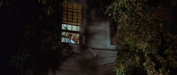 Movie still from “The Funhouse” (1981), directed by Tobe Hooper – A person looking out of a window at night; Wide shot, Low angle