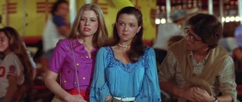 Movie still from “The Funhouse” (1981), directed by Tobe Hooper – Two young women standing next to each other in a room; Medium shot, Low angle