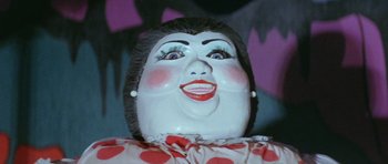 Movie still from “The Funhouse” (1981), directed by Tobe Hooper – The face of a clown doll; Extreme Close Up shot, Low angle
