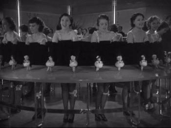 Movie still from “The Gay Divorcee” (1934), directed by Mark Sandrich – A black and white photo of a group of women sitting at a table; Medium shot, High angle