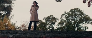 Movie still from “The Girlfriend Experience” (2009), directed by Steven Soderbergh – A woman standing on top of a tree stump talking on a cell phone; Wide shot, Low angle