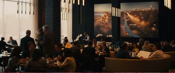 Movie still from “The Girlfriend Experience” (2009), directed by Steven Soderbergh – A group of people sitting at a table in a restaurant; Wide shot, Over the shoulder angle
