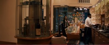 Movie still from “The Girlfriend Experience” (2009), directed by Steven Soderbergh – A woman standing in front of a glass display case; Wide shot, Over the shoulder angle