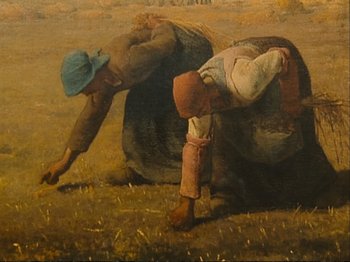 Movie still from “The Gleaners & I” (2000), directed by Agnès Varda – A painting of two men working in a field; Medium shot, High angle