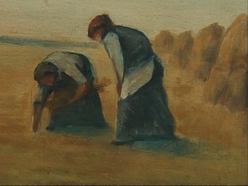 Movie still from “The Gleaners & I” (2000), directed by Agnès Varda – A painting of two women working in a field; Extreme Close Up shot, Overhead angle